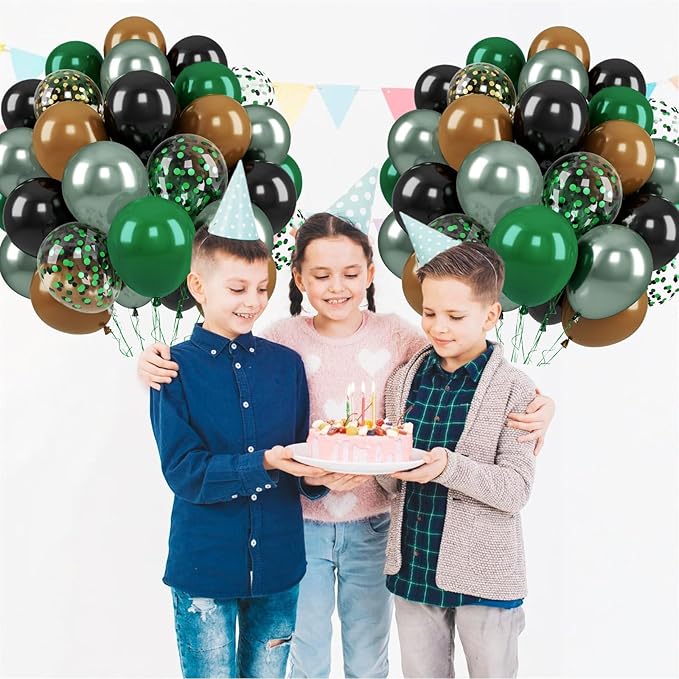 Paready Green and Brown Balloons, 50 Pcs Dark Green Black Confetti Balloon Retro Coffee Metallic Balloons Helium for Boys Camping Game Army Jungle Theme Camo Birthday Baby Shower Party Decorations