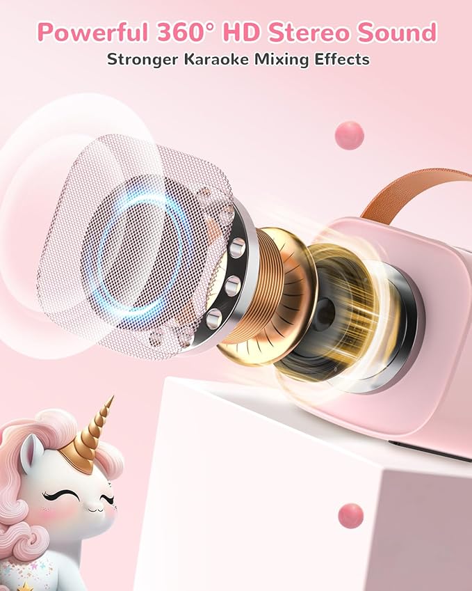 Mini Karaoke Machine for Kids,Portable Bluetooth Speaker with 2 Microphones,Rechargeable Battery,FM Radio,USB Playback,LED Lights for Boys & Girls Children's Gifts-Pink Pony