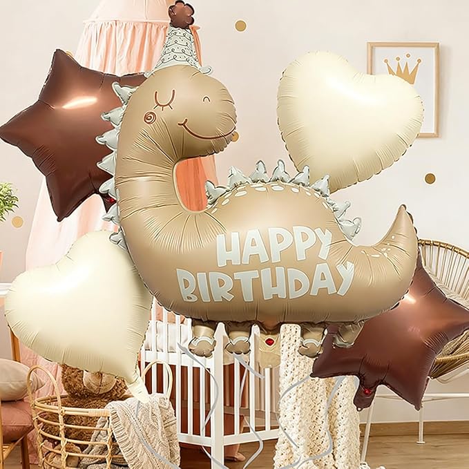 35''Nude Dinosaur Birthday Balloons &18''Brown Star Cream White Heart Foil Helium Balloon for Baby Shower Birthday Girl Boys Kids Dinosaur Theme Vintage Party Decorations Supplies 5Pcs