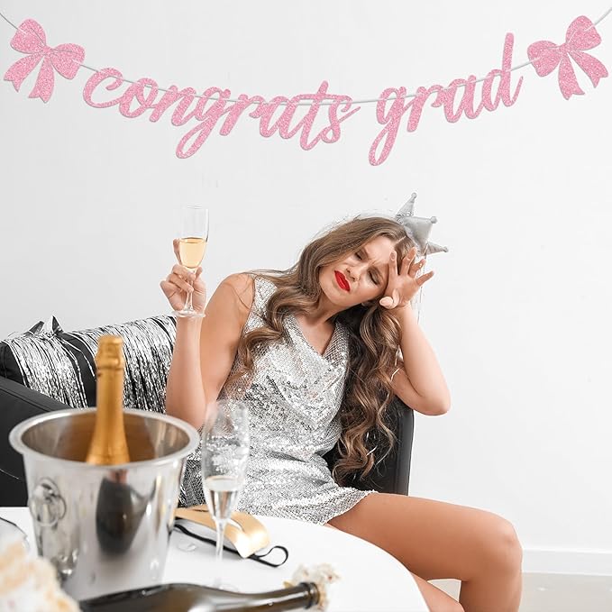 Pink Glitter Congrats Grad Banner, Congrats 2026/Class of 2026/So Proud of You, 2026 Graduation Party Decorations Supplies