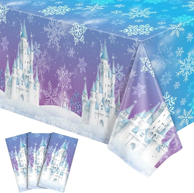 3 Pack Frozen Tablecloth, 54 x 108 Inch Snowflake Plastic Tablecloths Blue and Purple Snowflakes Table Cover, Winter Wonderland Table Cloth for Holiday Frozen Birthday Party Supplies