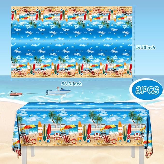 HAKOTI 3Pcs Summer Beach Tablecloths - Beach Theme Table Covers Hawaiian Birthday Theme Table Decoration for Summer Pool Surf Party Decorations