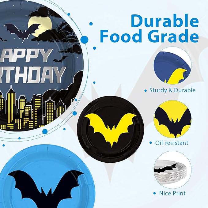 60Pcs Bat Theme Hero Party Paper Plates 9" Disposable Heavy Duty Cartoon Bat Birthday Dessert Plates Black Yellow Super Theme City Party Decorations for Boys Kids Baby Shower Holiday Party Supplies