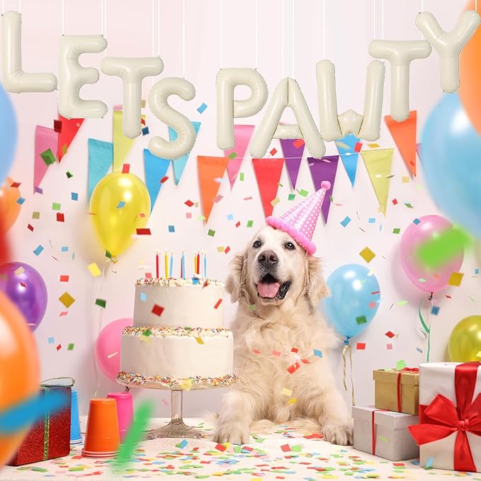 Lets Pawty Balloons Banner 40 Inch,Cream White Beige Paw Birthday Balloons,for Dogs Paw Pet Foil Letter Balloon Decorations Puppy Theme Party Supplies Decor