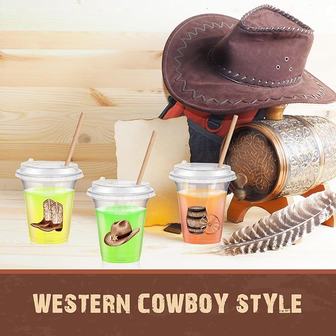 Boao 36 Sets Wild West Party Decorations Cowboy Party Cups with Lids and Paper Straws 14 oz Cowboy Birthday Supplies Brown Pattern Disposable Clear Plastic Cups Bulk