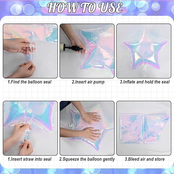 Iridescent Star Balloons, 9Pcs 18Inch Transparent Crystal Star Foil Balloon, Gradient Iridescent Pink Purple Green Pentagram Balloon for Princess Birthday Wedding Easter Party Decoration Mermaid Theme