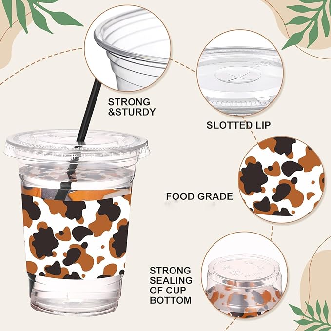 Yungyan 50 Sets Cow Cups with Lids and Straws 16 oz Western Plastic Cups for Coffee Juice Drinking for Cow Western Rodeo Birthday Baby Shower Party Decoration Supplies