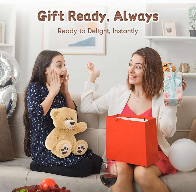 MorisMos Smiling Teddy Bear Stuffed Animals, 13.8 Inch Teddy Bears Baby Shower Decoration Plush, Gifts for Boys Girls Kids, Nursery, Birthday, Party, Brown
