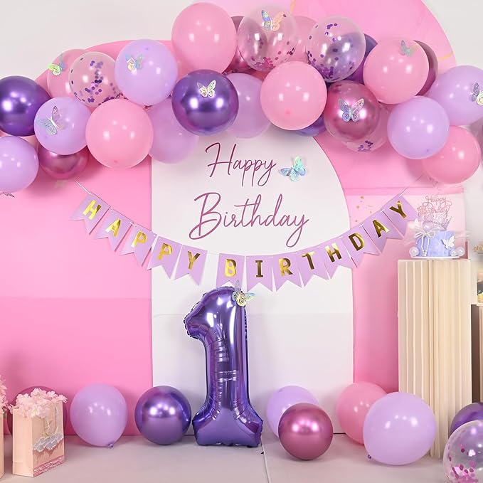 1st Birthday Decoration for Girls,Pink Purple 1st Birthday Balloon Number 1 Balloon with Butterfly Stickers Star Heart Foil Balloons Banner for Baby 1 Year Old Party Decor