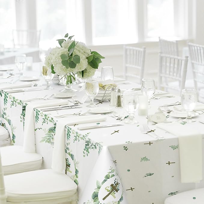 3Pcs God Bless Baptism Tablecloth, 54 x 108 Inch Eucalyptus Leaf Cross Religious Table Cover, Sage Green Plastic Tablecloth for Baby Showers, First Communion Decorations