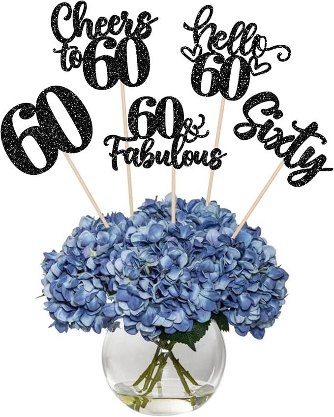 15PCS Happy 60th Birthday Centerpiece Sticks Hello 60 Cheers to 60 Birthday Table Flower Centerpieces Sticks Sixty 60 Fabulous Floral Decorations for 60th Birthday Party Centerpieces Supplies Black