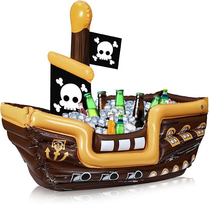 Zhanmai Inflatable Pirate Ship Drink Cooler Inflatable Serving Bar Food Container for Summer Carniva Mardi Gras Pirate Birthday Party Favor Supplies Decorations(Bright Colors,Fun)