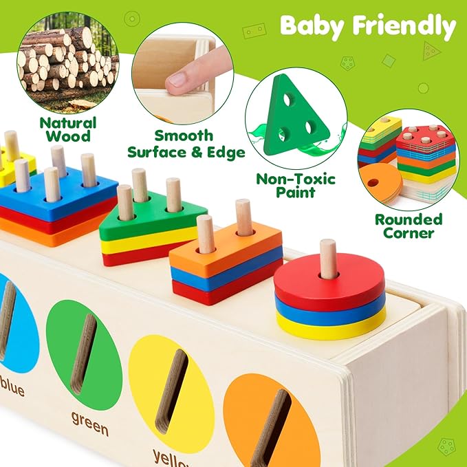 V-Opitos Montessori Toys for Toddler 1+ Year Old, Wooden Color & Shape Sorting Matching Box, Early Learning Toys for 12-18 Month, Age 1, 2, 3, Ideal Christmas, Birthday Gifts for Boy & Girl