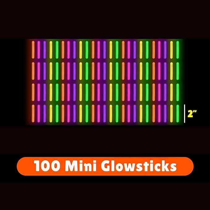 PartySticks Mini Glow Sticks 100 Pack Glow-in-the-Dark Small, for Easter Eggs, 5 Colors, Neon Light Sticks Bulk Party Favors, Easter Basket Stuffer Party Pack, Weddings Classroom Decorations Prizes