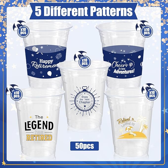 Retirement Party Decoration Cups, 50pcs 16 Oz Plastic Drinking Cups for Retirement Christmas Party Supplies Favors Women Men Snack Cup Bulk (Blue and Silver)
