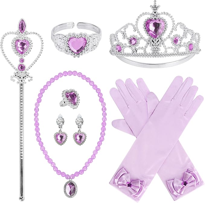 Princess Dress Up Party Accessories for Princess Costume Gloves Tiara Wand Necklace Earrings Bracelet and Ring Gift Set 9pcs (Purple, Set of 7, 9pcs)