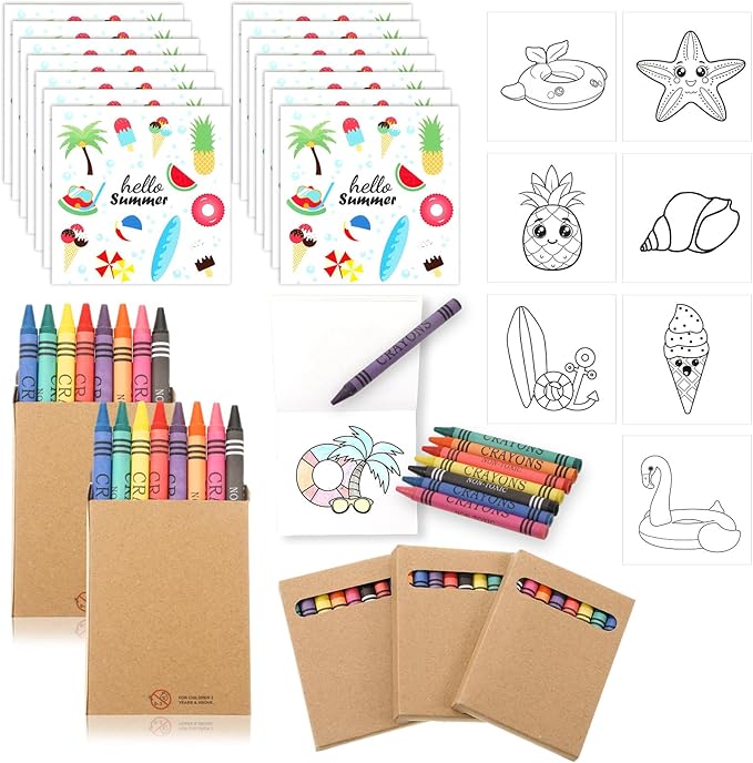 270 Pcs Mini Summer Coloring Books with 30 Pcs 8 Colors Crayons Summer Pool Beach Coloring Book Party Favors DIY Art Drawing Book for Kids Activities DIY Craft Activity Supplies