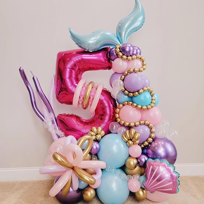 Hot Pink and Purple Balloons, 12 Inch Purple Pink Teal Blue Little Mermaid Balloons, Metallic Purple Green Confetti Balloons for Girls Under The Sea Party Balloons Pink and Purple Birthday Decorations