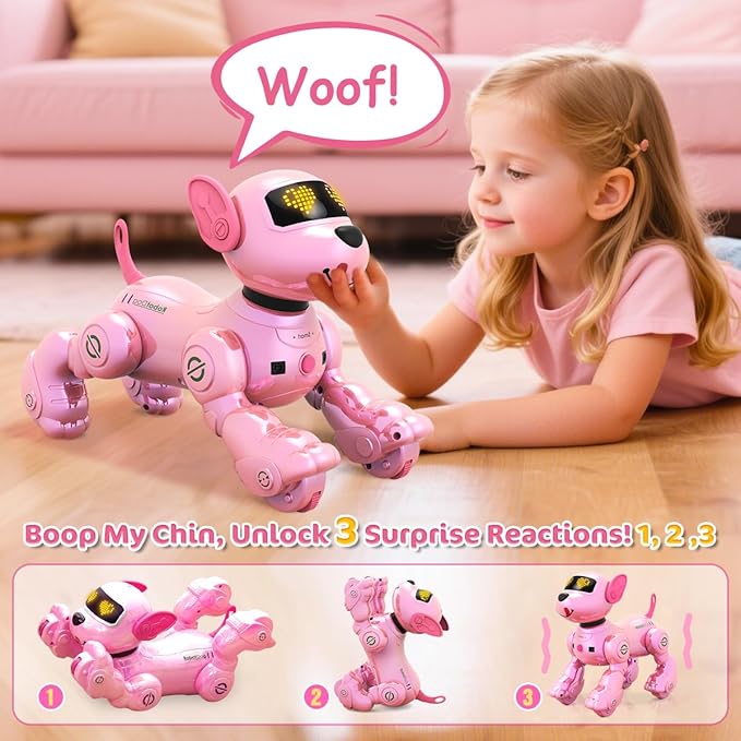 VATOS New Kids Remote Control Robot Dog, 17 Fun Interactive Functions Intelligent Programmable Kids Robotic Puppy with 2 Batteries, Singing Dancing Walking Robot Dog Toy for Girls 3-8 Years Old, Pink