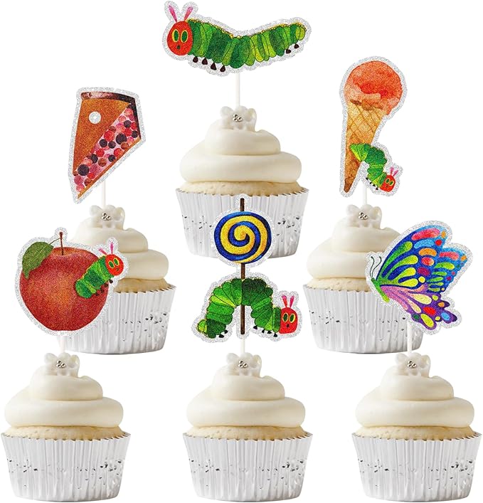 18pcs Hungry Caterpillar Dessert Cupcake Topper, Very Hungry Caterpillar Reading Story Theme Party Decorations for Boy Girl, Children's Fairy Tale Party or Birthday Party Event Supplies