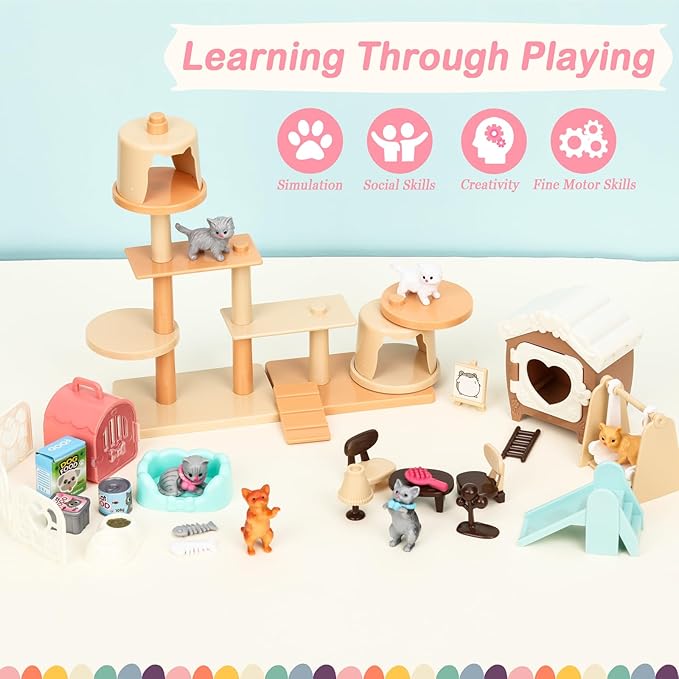 SweetAce 43Pcs Cat Toys for Kids Pretend Play Cat Figures Playset Toddler Toy Interactive Kitten Role Play Set Realistic Cats Care Center for Girls Boys Age 3 4 5 6+ Birthday Gift