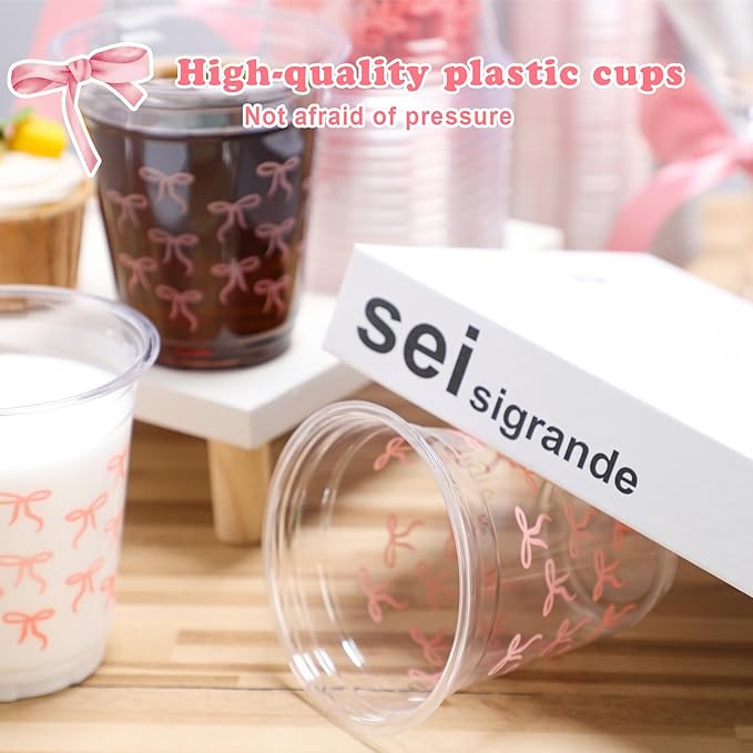 50 Pcs Pink Bow Snack Cups 12 oz Bow Plastic Cups Lovely Bowknot Tumbler for Birthday Wedding Party Supplies