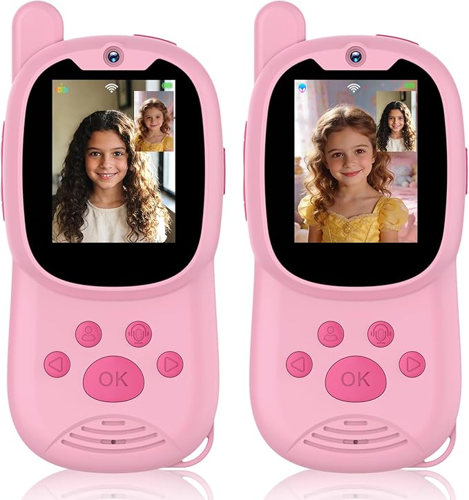 Video Walkie Talkies for Kids, Handheld 2 Pack Rechargeable Video Intercom Kids Walkies Talkies, Indoor Outdoor Toys for Family Games, Outside, Camping, Hiking for Boys Girls Ages 3-12 (Pink+Pink)
