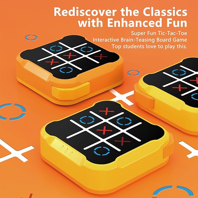 Tic Tac Toe Bolt Game, 3-in-1 Handheld Puzzle Console for Memory & Education, Portable Travel Board Games for Kids Adults, All Ages Birthday Gift (Orange)