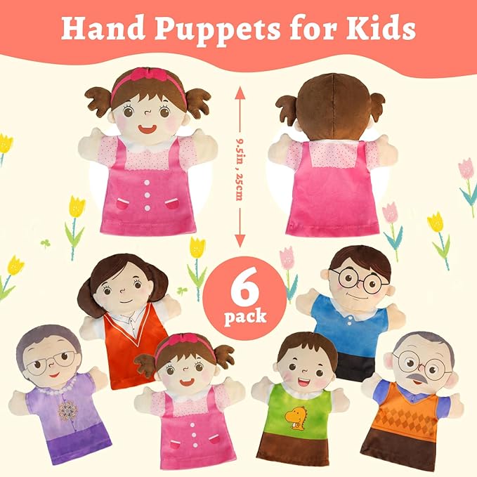 6 Pcs Family Hand Puppets for Kids 9.8 Inch Family Members Puppet Set Mom, Dad, Grandparents, Brother, Sister Soft Plush Hand Puppet Theater Plush Toys for Toddlers Ages 1-3, 4-8 Story Role Play