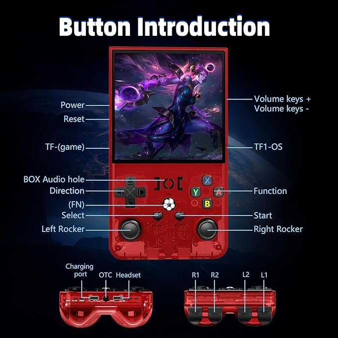 R36MAX Retro Handheld Game Console, 4.0 Inch IPS Screen, 64GB Memory, Portable Arcade Video Gaming Console Gift for Adults, Maple Leaf red