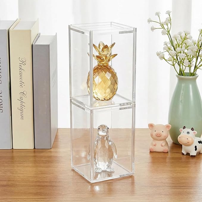 Frcctre 2 Pack Clear Acrylic Display Case, 3x3x4.5 Inches Small Stackable Showcase with Sliding Door, Dustproof Blind Box Organizer Cases for Mini Figures, Collectibles, Toys, Action Figures
