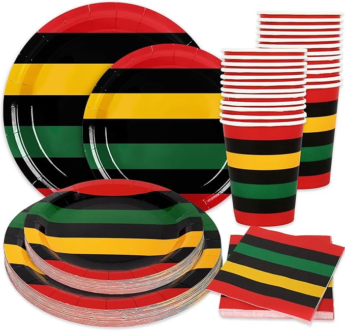 Whaline 96Pcs Juneteenth Tableware Black History Month Kwanzaa Paper Plate Napkin Cup African American Freedom Disposable Dinnerware Set for 24 Guests Party Table Decor