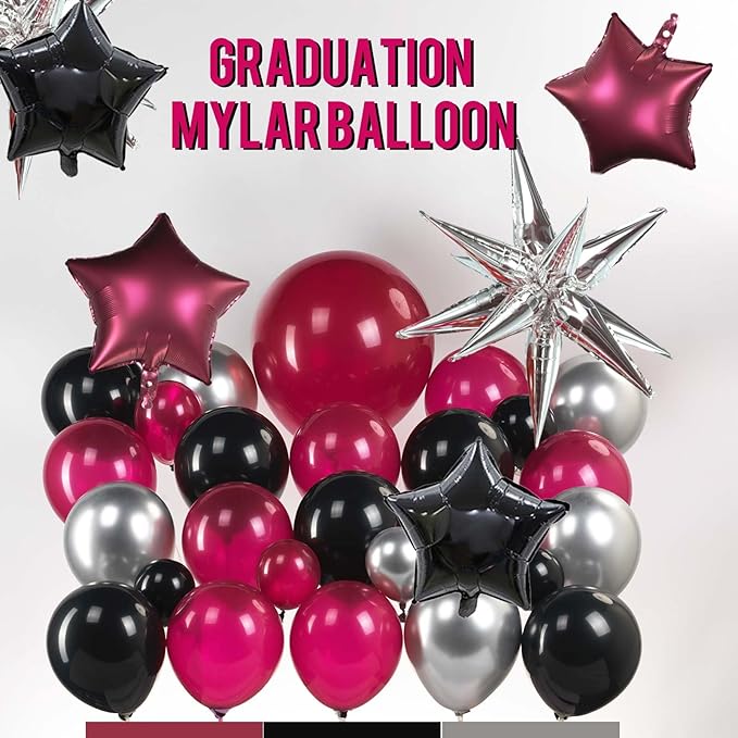 Black Maroon and Silver Balloon Garland Arch Kit 160+ Pieces with Maroon and Silver Stars for 2026 Graduation Class Decorations Birthday Party Retirement Prom Masquerade Anniversary Decorations