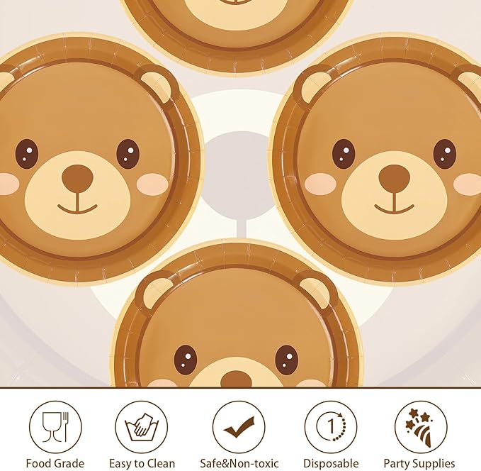 50Pcs Bear Baby Shower Paper Plates 9 Inch Heavy Duty Disposable Brown Bear Birthday Party Decorations for Boys Girls Baby Shower Gender Reveal Fall Holiday Wedding Birthday Party Supplies