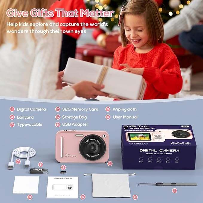 Digital Camera for Kids, 48MP FHD 1080P Point and Shoot Digital Cameras with 16X Zoom Anti-Shake, Compact Portable Cameras for Photography, Compact Camera for 6 7 8 9 10 Years Old- Toys for Toddler