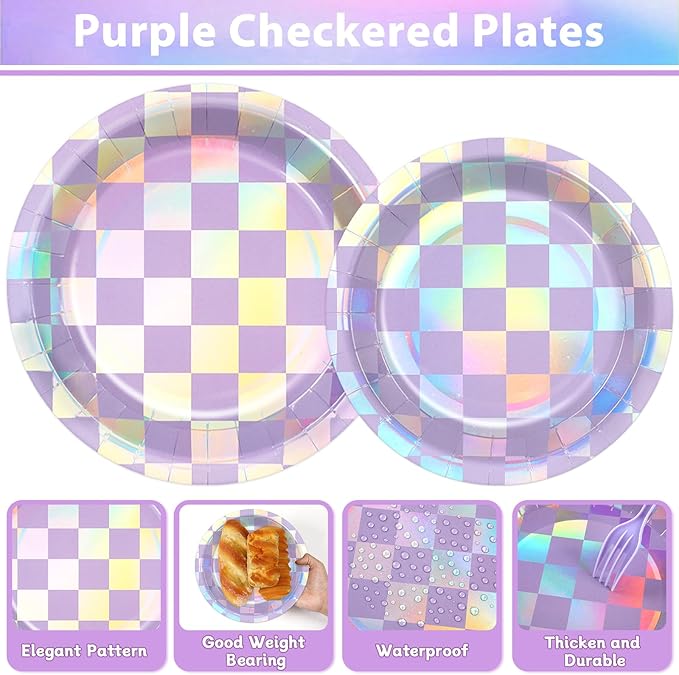 96Pcs Iridescent Birthday Party Supplies Purple Checkered Paper Plates Napkins Holographic Party Tableware Set Sparkle Tableware for Birthday Baby Shower Bachelorette Decoration Serve 24