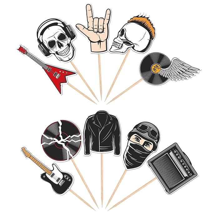 30 PCS Rock and Roll Party Cupcake Toppers Rockstar Music Cupcake Picks Guitar Musical Instrument Cake Decorations for 80's Retro Muscial Theme Baby Shower Birthday Party Supplies