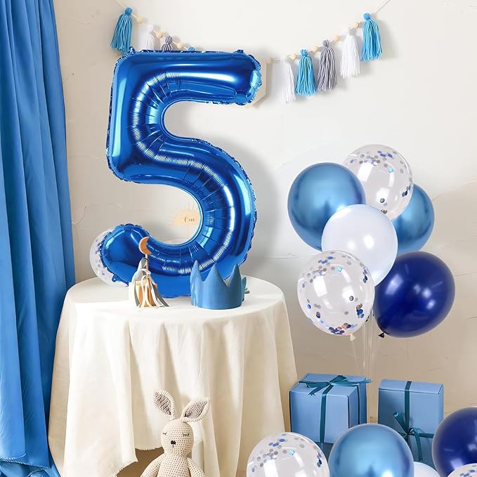 Large Foil Number 5 Balloons, 101cm Light Navy Blue 5 Helium Balloon with Metallic Silver Confetti Balloon for Kids 5th Birthday Party Decor, Mylar Self Inflating 5 Balloon for Graduation Decorations