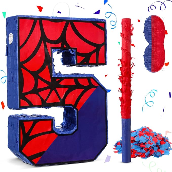 Number 5 Pinata for 5th Birthday Party Decorations, Perfect for 5th Birthday Party Supplies, Fiesta, Anniversary Celebration, Birthday Pinata with Stick Blindfold Confetti Large 16 x 11.8 x 3.2 Inches