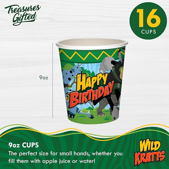 Treasures Gifted Officially Licensed Wild Kratts Birthday Party Supplies - Serves 16 Guests - Dinnerware Deluxe Set Wild Kratts Party Supplies - Wild Kratts Cups, Plates, Tablecloth & Napkins