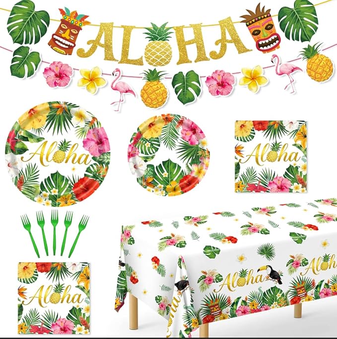 Luau Party Decorations, 99Pcs Hawaiian Aloha Party Plates-Serve 24 With Aloha Banner Tablecloth Napkins Disposable Dinnerware Set for Hawaiian Tropical Summer BBQ Party Decorations