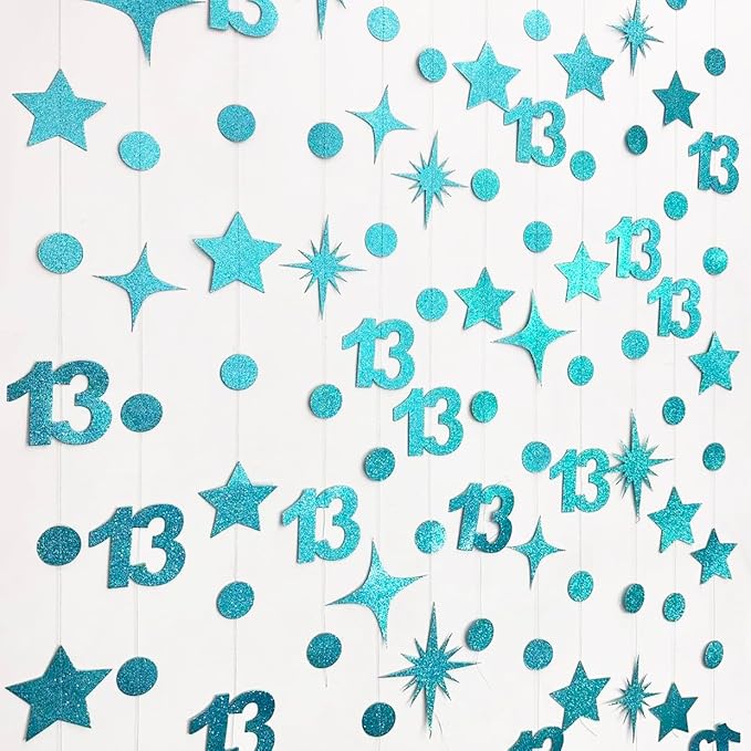 Teal Blue 13th Birthday Decorations Number 13 Circle Dot Star Garland Glitter Streamer Banner Backdrop for Girls Boys Official Teenager Cheers to 13 Years Old Birthday 13th Anniversary Party Supplies