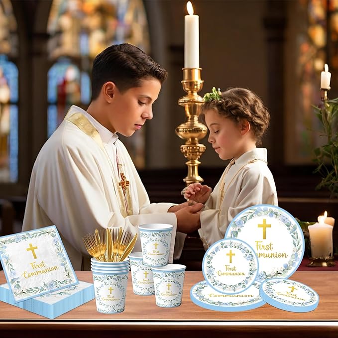 First Communion Decorations for Boys, Baptism Plates and Napkins Blue Primera Comunion Decoracion 1st Communion Party Supplies for Baptism Party Decorations Serves 25