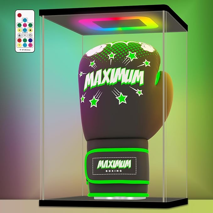 NONEMEY Clear Acrylic Display Case with RGB LED Light for Boxing Glove Display case, Dustproof Model Showcase Organizer Box, Display Case for Collectibles Bearbrick (8.7x7.1x13inch, 22x18x33cm)