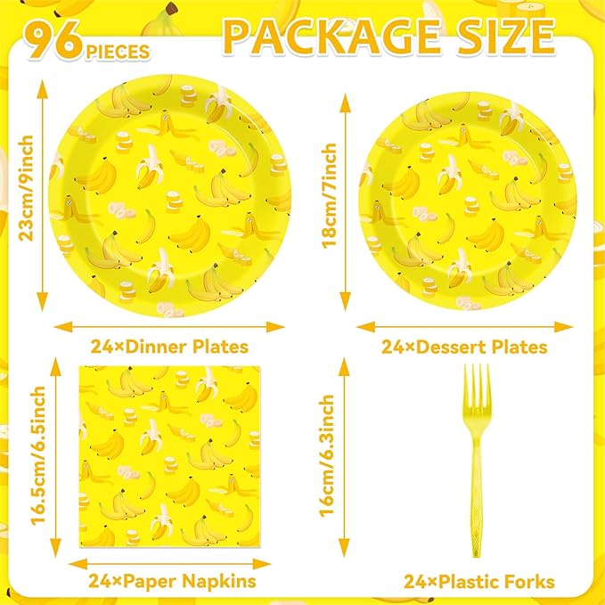 96PCS Banana Party Paper Plates and Napkins Banana Themed Party Decorations Yellow Fruit Napkins and Forks for yellow fruit Birthday Gatherings Decorations