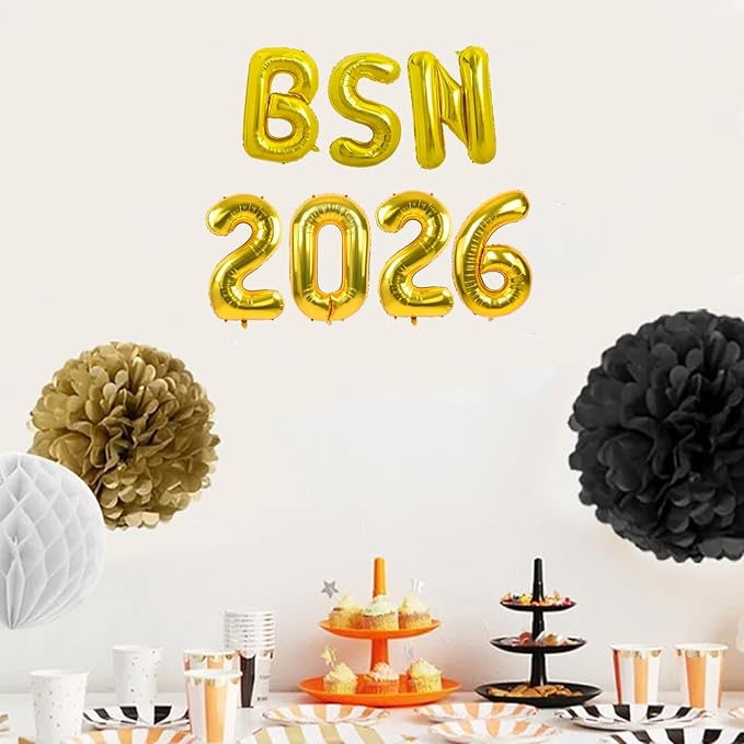 TONIFUL 2026 Nurse Graduation Decorations Gold BSN 2026 Balloons 16 Inch BSN 2026 Graduation Balloons Class of 2026 Congrats Nurse Balloons Decorations 2026 Nursing Graduation Party Supplies