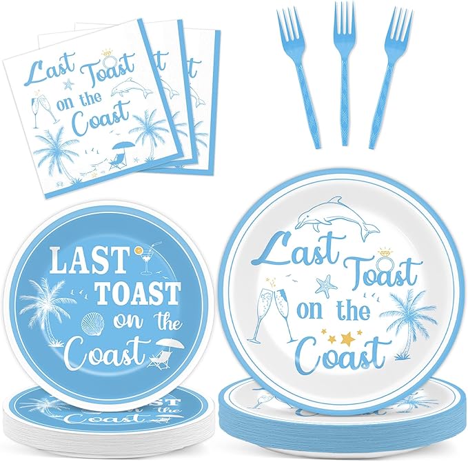 96Pcs Last Toast on the Coast Party Supplies Coastal Bachelorette Paper Plates Napkins Beach Pool Tableware Set Summer Dinnerware for Bridal Wedding Girl Birthday Party Baby Shower Decoration Serve 24