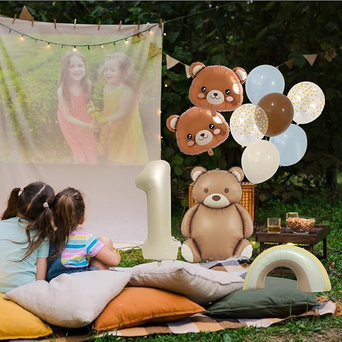 11 Pcs Bear BalloonsTeddy Bear Balloon Kit - Brown Foil & Latex Matte Anti-Reflective, Bear Baby Shower Beary First Birthday Party Decor, 12-40 Inch Large Bear Head Number 1 Rainbow Balloons