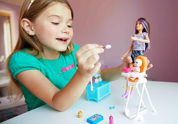 Barbie Skipper Babysitters Inc Dolls & Accessories, Set with Skipper Doll, Color-Change Baby Doll, High Chair & Crib Furniture
