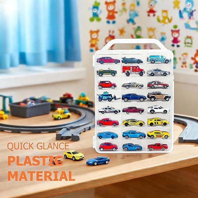 Double-Sided 1:64 Scale Toy Car Storage Case, 48-Slot Clear Organizer with Handle, Transparent Display & Storage Box Compatible with Most Die-Cast Model Cars (Case Only)